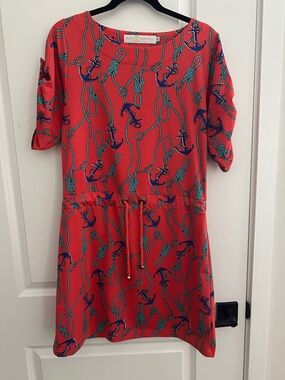 Tracy Negoshian Coral Dress with Teal Rope Print